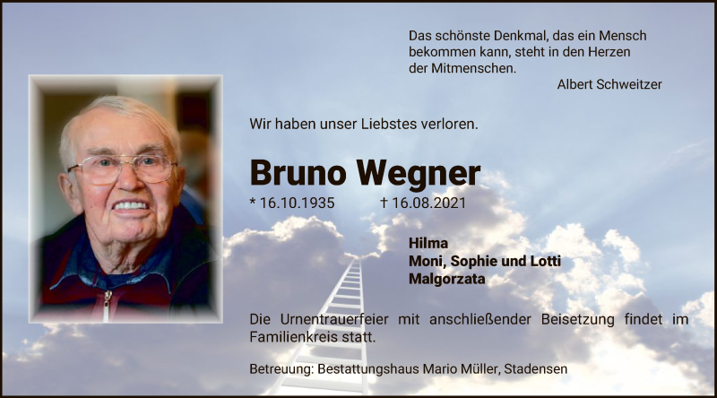  Traueranzeige für Bruno Wegner vom 21.08.2021 aus UEL