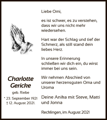 Traueranzeige von Charlotte Gericke von UEL