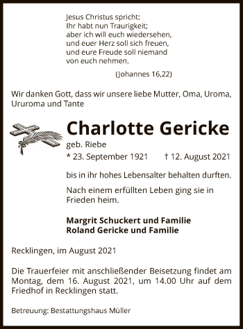 Traueranzeige von Charlotte Gericke von UEL