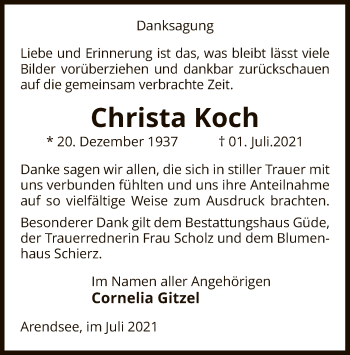 Traueranzeige von Christa Koch von UEL