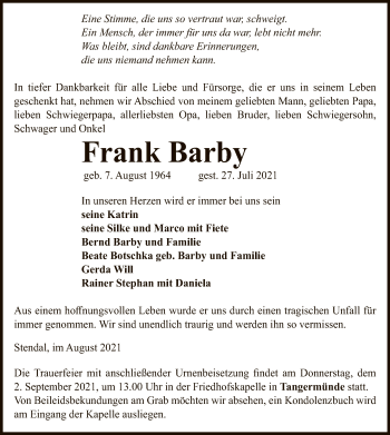 Traueranzeige von Frank Barby von UEL