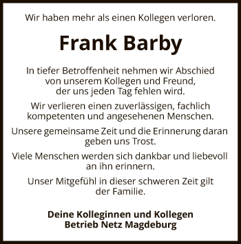 Traueranzeige von Frank Barby von UEL