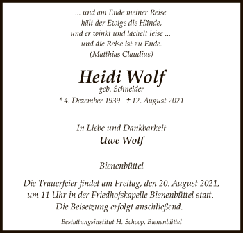 Traueranzeige von Heidi Wolf von UEL