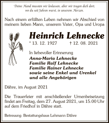 Traueranzeige von Heinrich Lehnecke von UEL