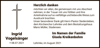 Traueranzeige von Ingrid Vogelsänger von UEL