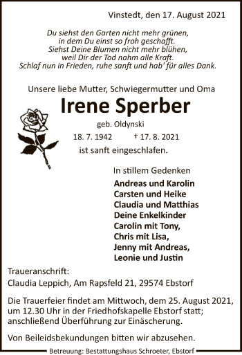 Traueranzeige von Irene Sperber von UEL