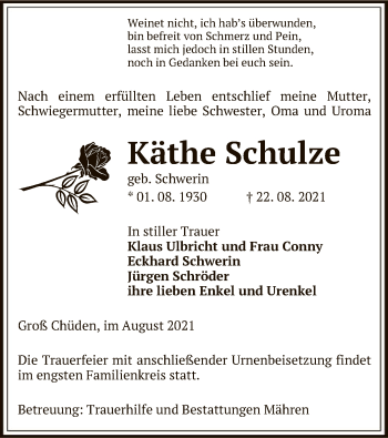 Traueranzeige von Käthe Schulze von UEL