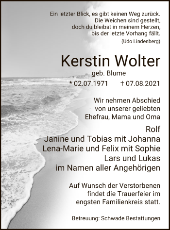 Traueranzeige von Kerstin Wolter von UEL