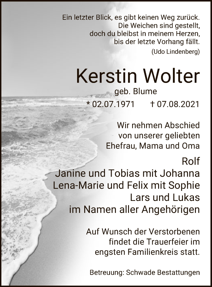  Traueranzeige für Kerstin Wolter vom 14.08.2021 aus UEL