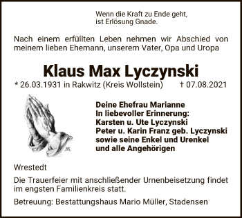 Traueranzeige von Klaus Max Lyczynski von UEL