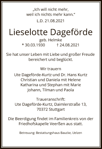 Traueranzeige von Lieselotte Dageförde von UEL