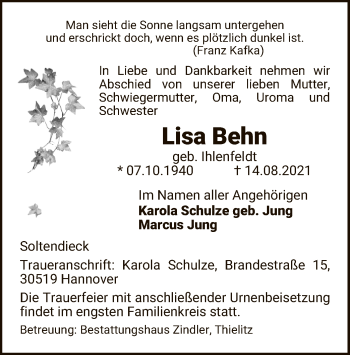 Traueranzeige von Lisa Behn von UEL