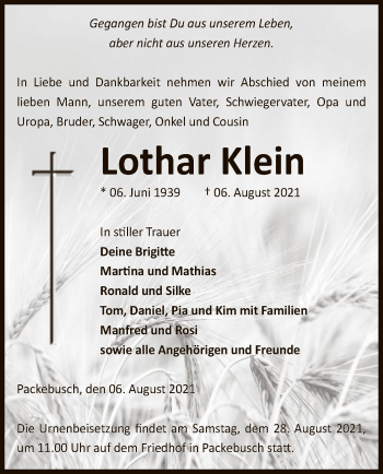 Traueranzeige von Lothar Klein von UEL