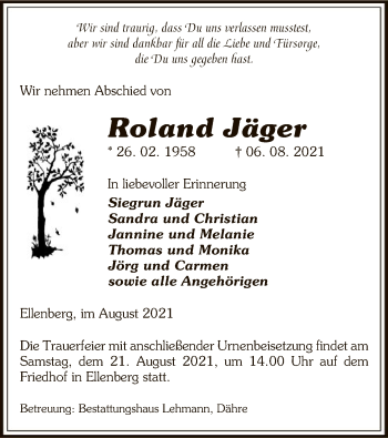 Traueranzeige von Roland Jäger von UEL