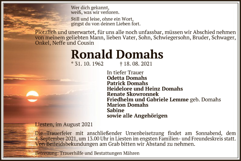  Traueranzeige für Ronald Domahs vom 21.08.2021 aus UEL