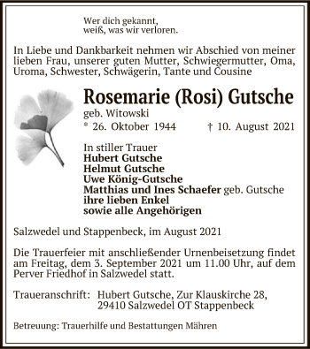 Traueranzeige von Rosemarie Gutsche von UEL