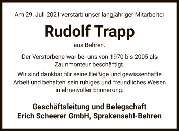 Traueranzeige von Rudolf Trapp von UEL