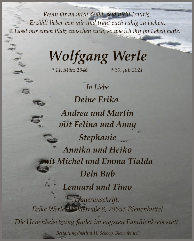 Traueranzeige für Wolfgang Werle vom 05.08.2021 aus UEL