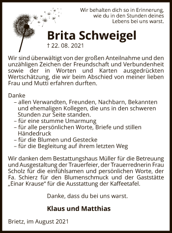 Traueranzeige von Brita Schweigel von UEL