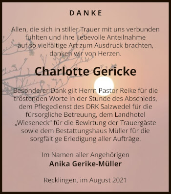 Traueranzeige von Charlotte Gericke von UEL