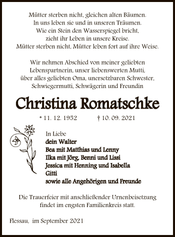 Traueranzeige von Christina Romatschke von UEL