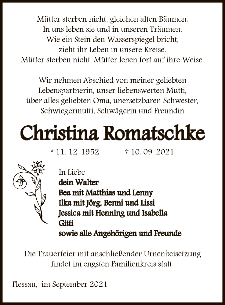  Traueranzeige für Christina Romatschke vom 14.09.2021 aus UEL