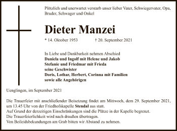 Traueranzeige von Dieter Manzei von UEL