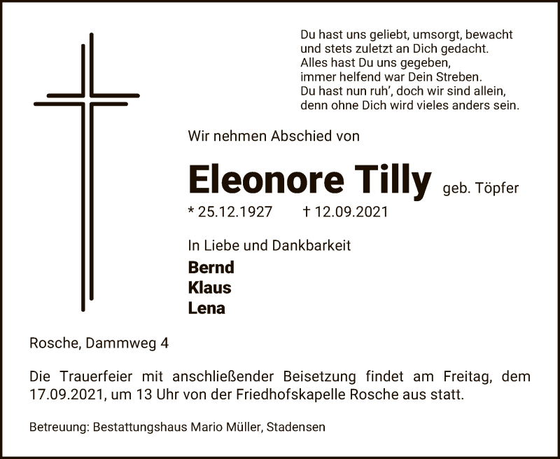  Traueranzeige für Eleonore Tilly vom 14.09.2021 aus UEL