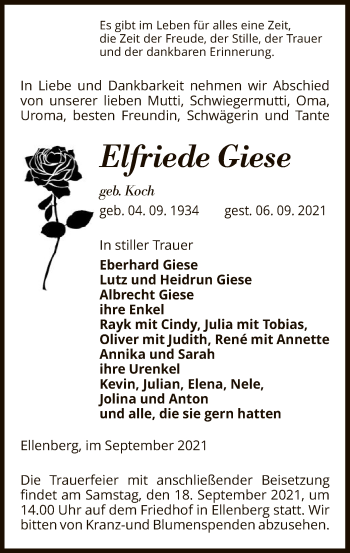 Traueranzeige von Elfriede Giese von UEL