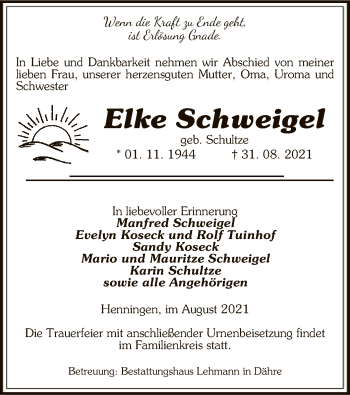 Traueranzeige von Elke Schweigel von UEL