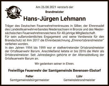 Traueranzeige von Hans-Jürgen Lehmann von UEL