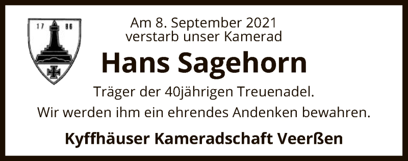  Traueranzeige für Hans Sagehorn vom 14.09.2021 aus UEL