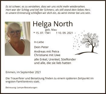 Traueranzeige von Helga North von UEL