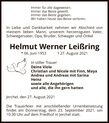 Traueranzeige von Helmut Werner Leißring von UEL