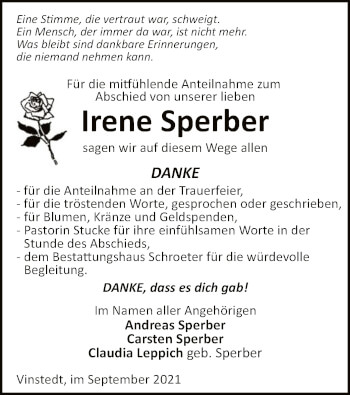 Traueranzeige von Irene Sperber von UEL