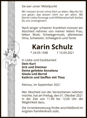 Traueranzeige von Karin Schulz von UEL