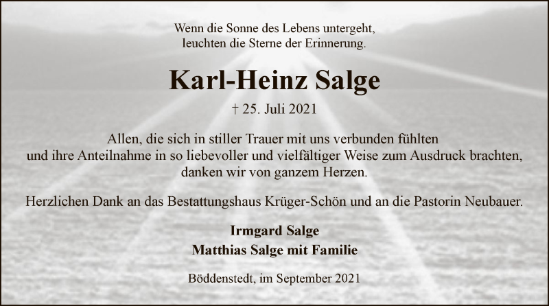  Traueranzeige für Karl-Heinz Salge vom 04.09.2021 aus UEL