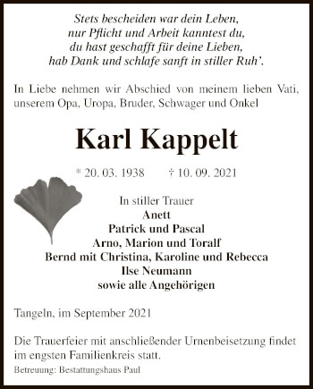 Traueranzeige von Karl Kappelt von UEL