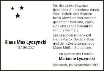Traueranzeige von Klaus Max Lyczynski von UEL