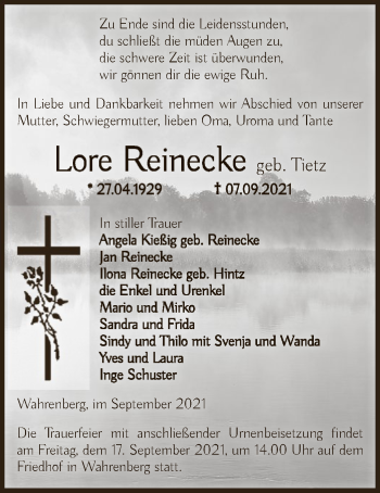 Traueranzeige von Lore Reinecke von UEL