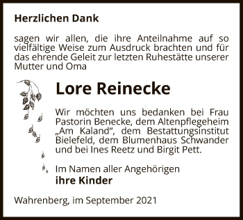 Traueranzeige von Lore Reinecke von UEL