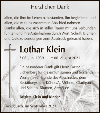 Traueranzeige von Lothar Klein von UEL