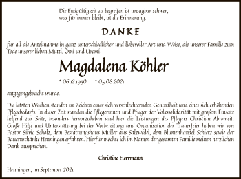 Traueranzeige von Magdalena Köhler von UEL