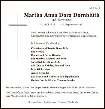 Traueranzeige von Martha Anna Dora Dornblüth von UEL