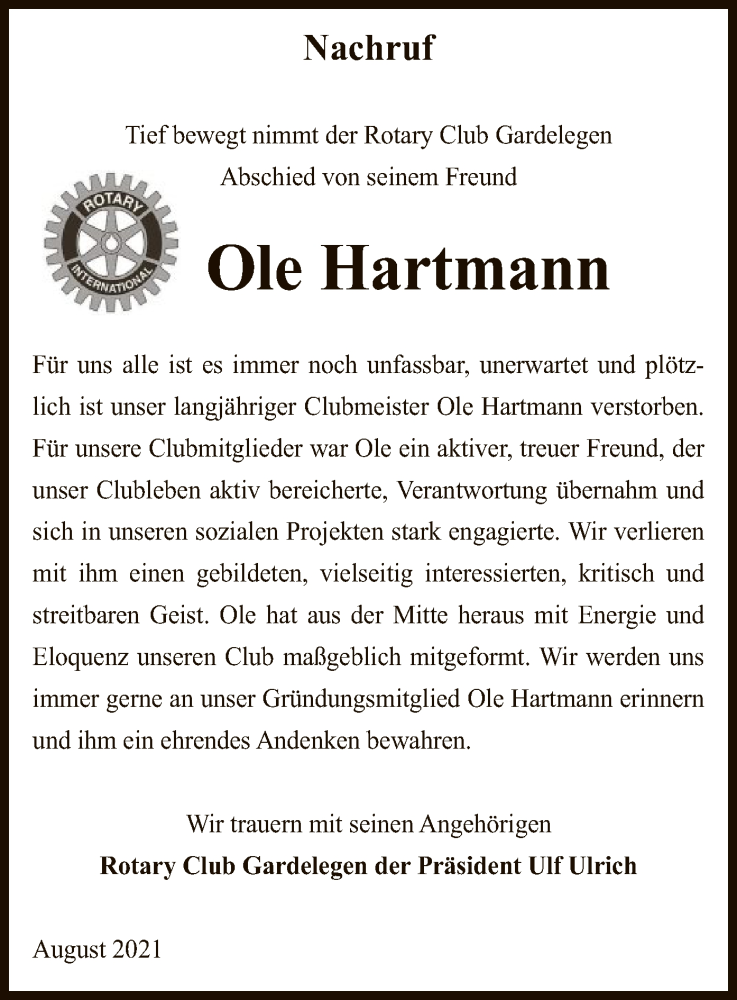  Traueranzeige für Ole Hartmann vom 03.09.2021 aus UEL