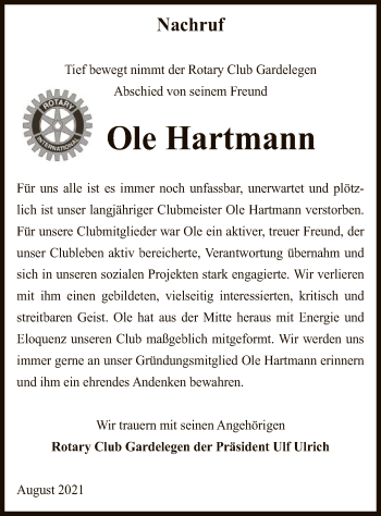 Traueranzeige von Ole Hartmann von UEL