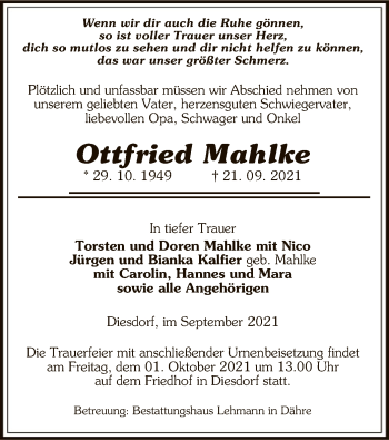 Traueranzeige von Ottfried Mahlke von UEL