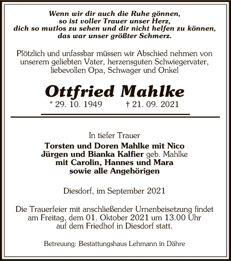  Traueranzeige für Ottfried Mahlke vom 24.09.2021 aus UEL