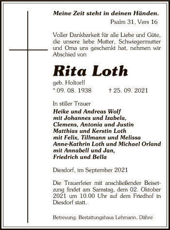 Traueranzeige von Rita Loth von UEL