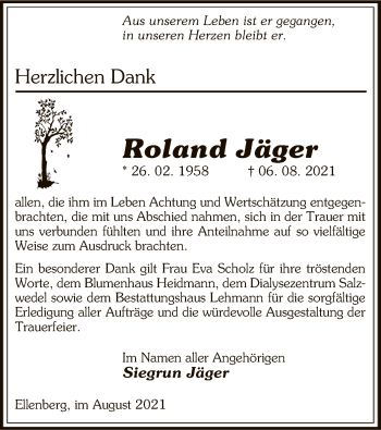 Traueranzeige von Roland Jäger von UEL